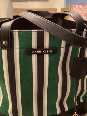 Anne Klein Green, White & Black Striped Canvas Tote with Black Trim